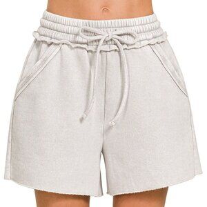 Acid Wash Fleece Drawstring Shorts with Pockets – Comfy High-Waisted Lounge Shor